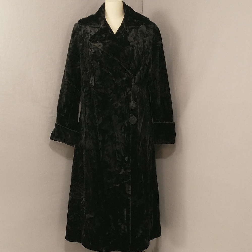 Thick Velvet Vintage Long Coat XL See Measurements Fab Almost Fur Jet Black - Picture 1 of 16